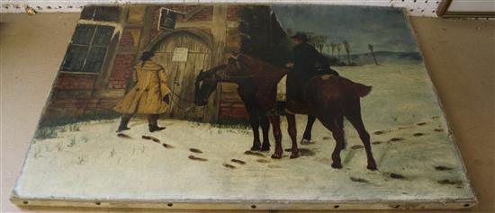 Oil - horses beside inn